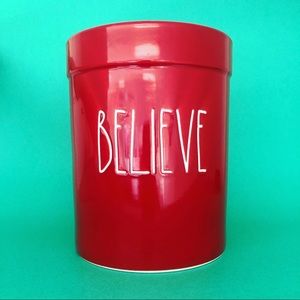 Rae Dunn red BELIEVE crock